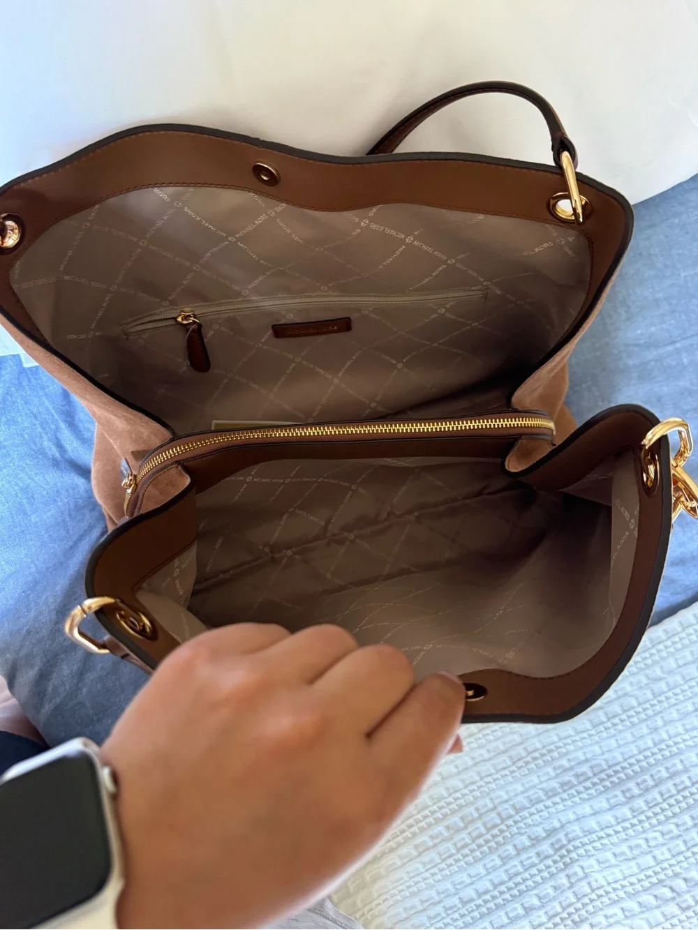 Michael Kors Brown Suede Shoulder Bag with Gold Hardware